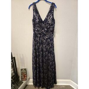 Betsy & Adam Women's One-Shoulder Metallic Floral Gown Blue Size 12